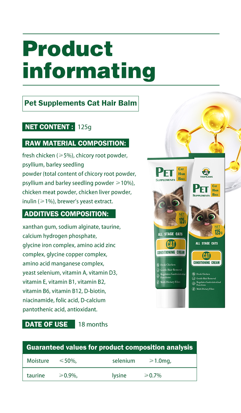 125g Cat Vitamin Dietary Gel - Multivitamin and Multifunctional Complement for Hairball Reduction and General Diet